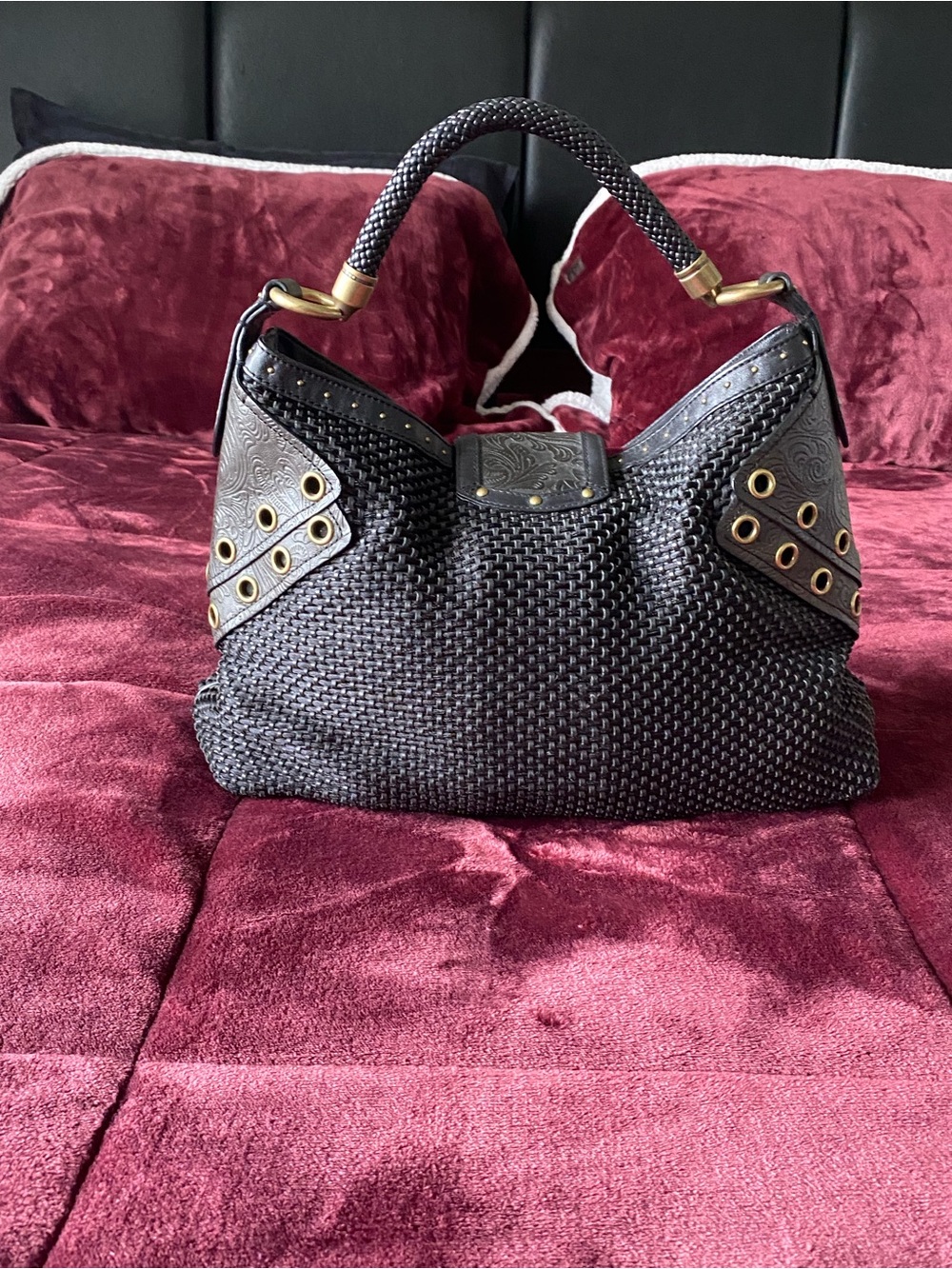 Cole Haan Black Woven Shoulder Hobo with Brass Eyelet Accents